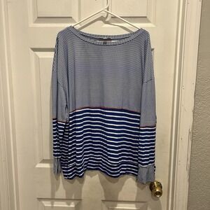 Weekend Suzanne Betro Striped Boat Neck Long Sleeve Top Plus Size 3X Blue‎ White